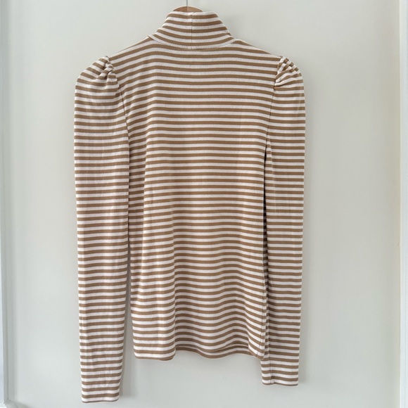 GAP Mock Neck Puff Sleeves Ribbed Tan and White Striped Long Sleeve Top - Picture 3 of 9